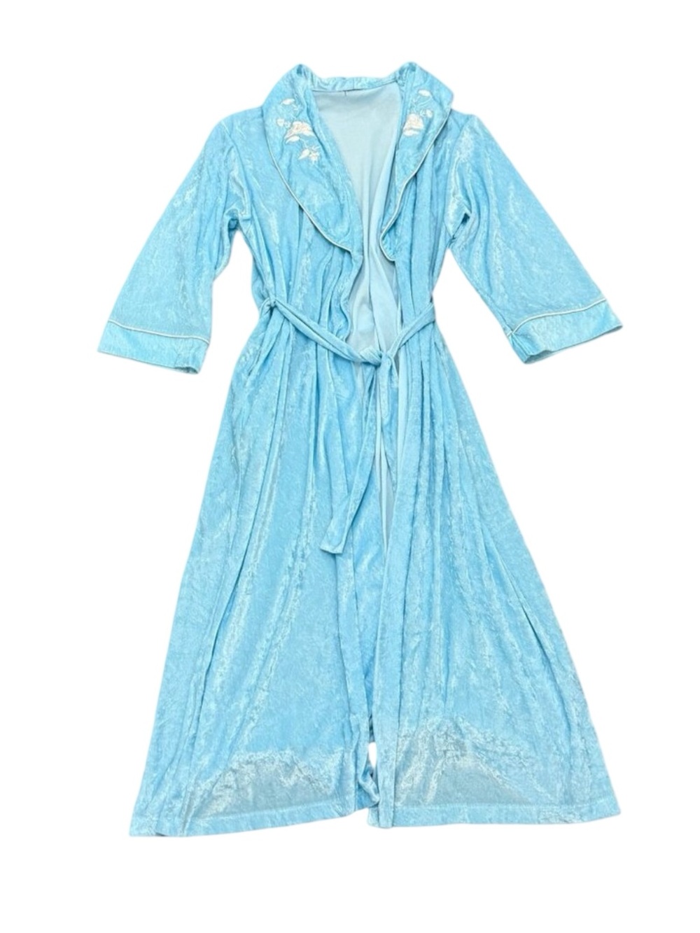 Vintage Blue Floral Embroidered Long Robe Belted Loungewear